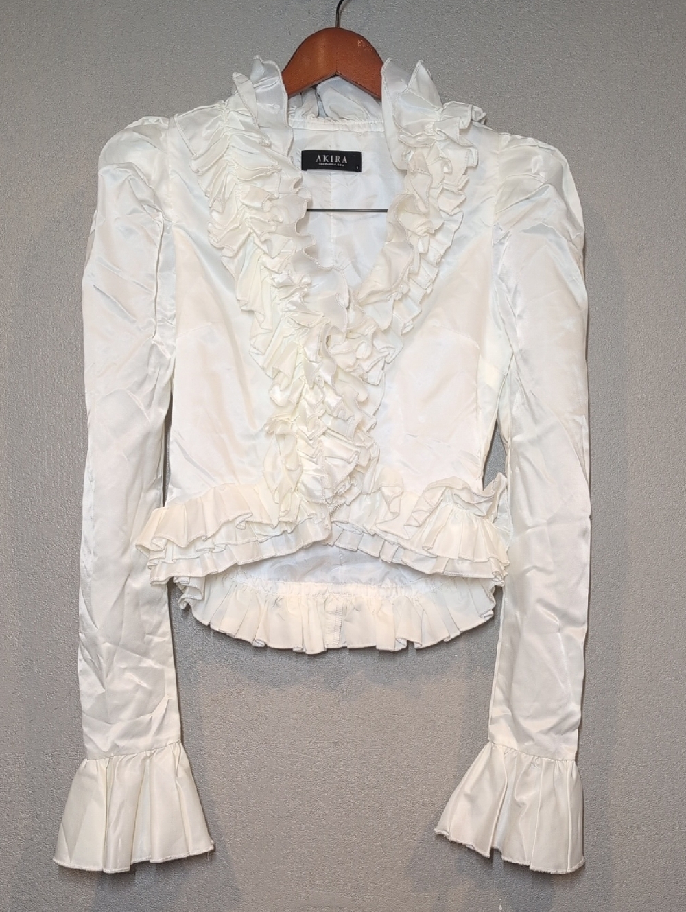 AKIRA White Ruffled Satin Blouse